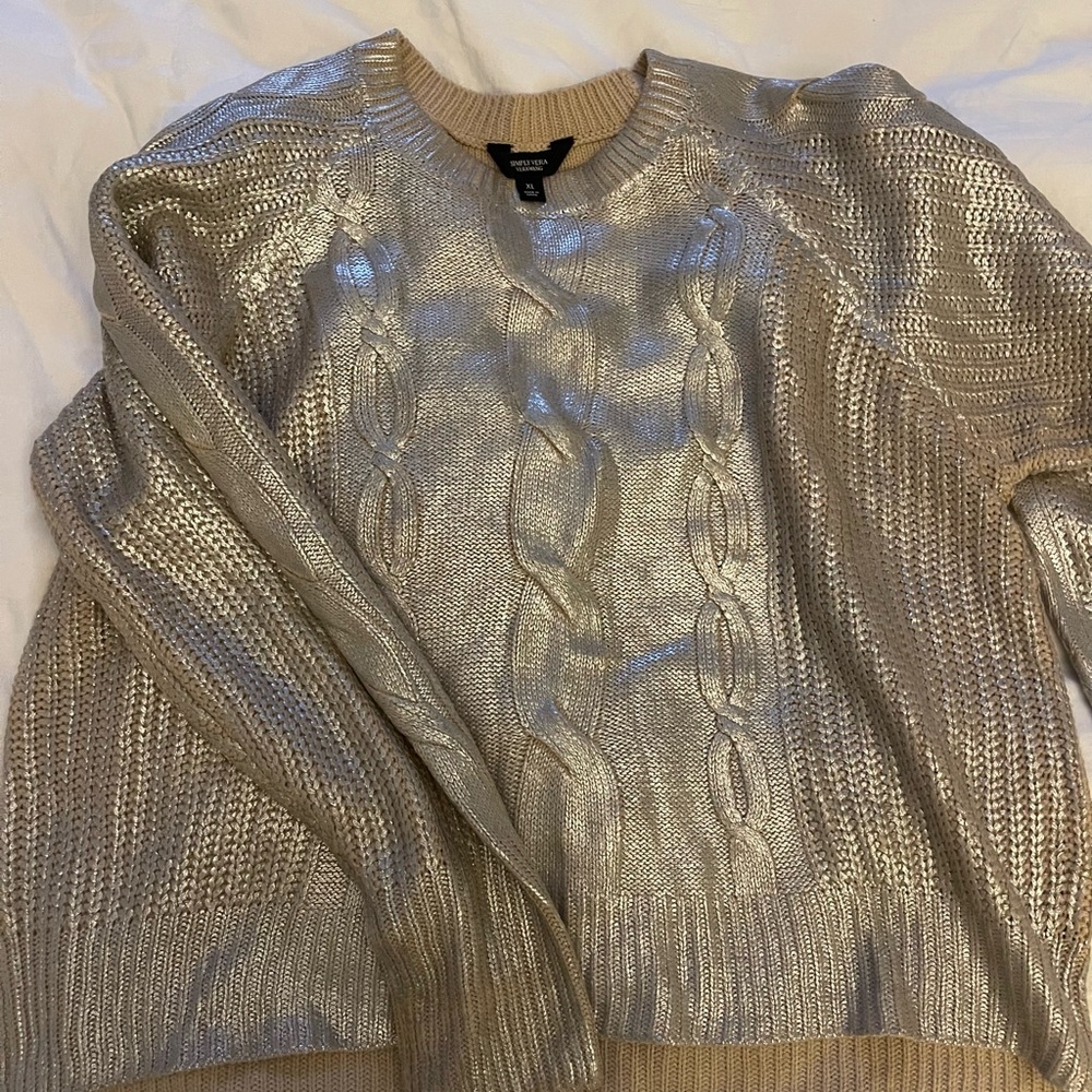 Simply Vera Vera Wang Metallic Silver Cable Knit Sweater